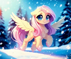 Size: 1536x1280 | Tagged: safe, derpibooru import, editor:nightluna, machine learning assisted, machine learning generated, purplesmart.ai, stable diffusion, fluttershy, pegasus, pony, chest fluff, cute, derpibooru exclusive, eyebrows, eyelashes, female, forest, image, jpeg, looking at you, mare, one ear down, shyabetes, smiling, snow, solo, spread wings, tree, wings, winter