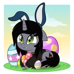 Size: 5066x5000 | Tagged: safe, artist:jhayarr23, derpibooru import, oc, ponified, ponified:kellin quinn, pony, unicorn, bunny ears, clothes, commission, disguise, disguised siren, easter egg, egg, fangs, horn, image, jewelry, lying down, male, necklace, png, prone, shirt, sleeping with sirens, slit pupils, smiling, solo, stallion, ych result