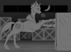 Size: 903x663 | Tagged: safe, artist:veles, oc, pony, crate, image, monochrome, png, sketch, solo, warehouse, workout