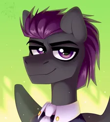 Size: 1800x2000 | Tagged: safe, artist:rtootb, derpibooru import, oc, unofficial characters only, pegasus, pony, clothes, collar, commission, costume, cute, fire, gray fur, green background, headshot commission, icon, image, looking at you, male, pegasus oc, png, purple eyes, purple hair, simple background, smiling, solo, stallion, wings