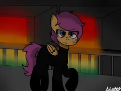 Size: 1440x1080 | Tagged: safe, artist:mistystudios1, derpibooru import, scootaloo, pony, fanfic:rainbow factory, 2022, absentia, abstract background, black suit, bodysuit, clothes, factory scootaloo, fanfic art, female, filly, foal, folded wings, frown, image, jpeg, liquid rainbow, raised hoof, signature, solo, spectra, sweat, sweatdrop, wings