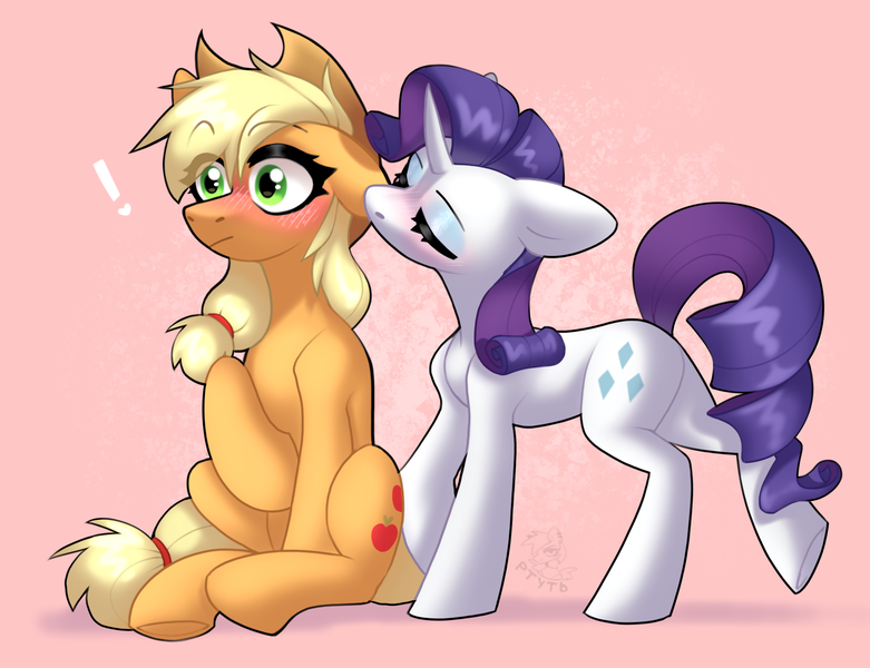 Size: 2055x1578 | Tagged: safe, artist:rtootb, derpibooru import, applejack, rarity, earth pony, pony, unicorn, applejack's hat, biting, blushing, cowboy hat, duo, duo female, ear bite, ear kiss, embarrassed, eyes closed, female, g4, girlfriend, green eyes, hat, image, in love, kissing, lesbian, mare, pink background, png, raised hoof, rarijack, relationship, shipping, simple background, sitting, standing