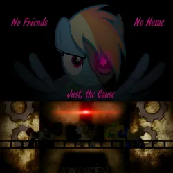 Size: 2048x2048 | Tagged: artist needed, safe, derpibooru import, rainbow dash, oc, oc:h8-seed, oc:wooden toaster, unnamed oc, cyborg, pegasus, pony, fanfic:rainbow factory, abstract background, awoken, fanfic art, frown, gears, glow, glowing eyes, group, image, jpeg, looking at you, solo focus, spread wings, text, wings