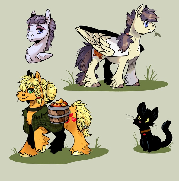 Size: 4000x4050 | Tagged: safe, artist:sandieflower, derpibooru import, applejack, inky rose, oc, cat, earth pony, pegasus, pony, absurd resolution, alternate hairstyle, apple, bucket, female, filly, foal, food, green background, image, inkyjack, jpeg, lesbian, magical lesbian spawn, mare, offspring, parent:applejack, parent:inky rose, parents:inkyjack, pet oc, shipping, simple background, straw in mouth, unshorn fetlocks