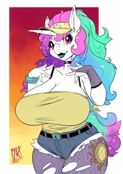 Size: 848x1199 | Tagged: suggestive, artist:zwitterkitsune, princess celestia, alicorn, anthro, big breasts, bimbo, bimbolestia, breasts, busty princess celestia, choker, clothes, female, fishnets, image, png, solo