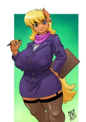 Size: 848x1200 | Tagged: suggestive, artist:zwitterkitsune, ms. harshwhinny, anthro, earth pony, areola outline, big breasts, breasts, busty ms. harshwhinny, clipboard, clothes, erect nipples, female, huge breasts, image, looking at you, pen, png, skirt, skirt suit, solo, solo female, suit