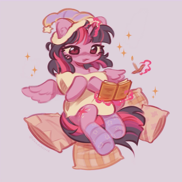 Size: 2550x2550 | Tagged: safe, artist:deadchrltte, derpibooru import, twilight sparkle, twilight sparkle (alicorn), alicorn, pony, book, clothes, cute, female, glow, glowing horn, hat, high res, horn, image, levitation, magic, mare, nightcap, pillow, png, purple background, reading, simple background, socks, solo, sparkles, striped socks, telekinesis, twiabetes