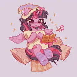 Size: 2550x2550 | Tagged: safe, artist:deadchrltte, derpibooru import, twilight sparkle, twilight sparkle (alicorn), alicorn, pony, book, clothes, cute, female, glow, glowing horn, hat, high res, horn, image, levitation, magic, mare, nightcap, pillow, png, purple background, reading, simple background, socks, solo, sparkles, striped socks, telekinesis, twiabetes