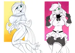 Size: 1024x724 | Tagged: safe, artist:zwitterkitsune, applejack, fluttershy, anthro, earth pony, pegasus, unguligrade anthro, big breasts, breasts, busty applejack, busty fluttershy, clothes, doodle, duo, female, girly, image, monochrome, partial color, png, simple background, skirt, unshorn fetlocks, white background