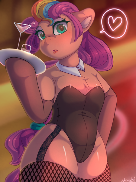 Size: 1536x2048 | Tagged: suggestive, artist:nanazdina, derpibooru import, sunny starscout, earth pony, semi-anthro, alcohol, blushing, bunny suit, chest fluff, clothes, eyeshadow, female, g5, garter straps, heart, ibispaint x, image, leotard, looking at you, makeup, martini glass, png, serving tray, socks, solo, solo female, stockings, thigh highs