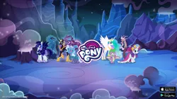 Size: 2560x1440 | Tagged: safe, derpibooru import, idw, official, discord, larry, nightmare rarity, princess celestia, rarity, shadowfright, spike, trixie, alicorn, draconequus, dragon, pony, unicorn, female, gameloft, idw showified, image, male, mare, my little pony logo, nightmare forces, png, video game, winged spike, wings, youtube banner