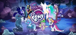 Size: 1666x768 | Tagged: safe, derpibooru import, idw, official, discord, larry, nightmare rarity, princess celestia, rarity, shadowfright, spike, trixie, alicorn, draconequus, dragon, pony, unicorn, female, gameloft, idw showified, image, loading screen, male, mare, my little pony logo, nightmare forces, png, video game, winged spike, wings