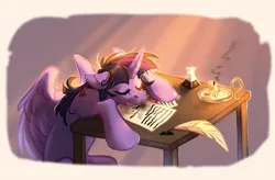 Size: 3000x1963 | Tagged: safe, artist:djkaskan, derpibooru import, twilight sparkle, twilight sparkle (alicorn), alicorn, book, candle, crepuscular rays, drool, floppy ears, image, ink, inkwell, morning, png, quill, sleeping, solo, table