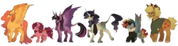Size: 1280x333 | Tagged: safe, artist:mynameislazy, derpibooru import, applejack, fluttershy, pinkie pie, rainbow dash, rarity, twilight sparkle, twilight sparkle (alicorn), alicorn, pegasus, pony, unicorn, accessories, alternate design, chest fluff, clothes, curved horn, goggles, group, horn, image, jacket, leonine tail, png, redesign, scarf, shirt, simple background, size difference, tail, transparent background, twitterina design