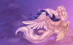 Size: 6006x3670 | Tagged: safe, artist:jsunlight, derpibooru import, oc, oc:mirta whoowlms, unofficial characters only, pegasus, pony, clothes, cloud, flying, image, pegasus oc, png, scarf, sky, solo, stars, striped scarf, wings
