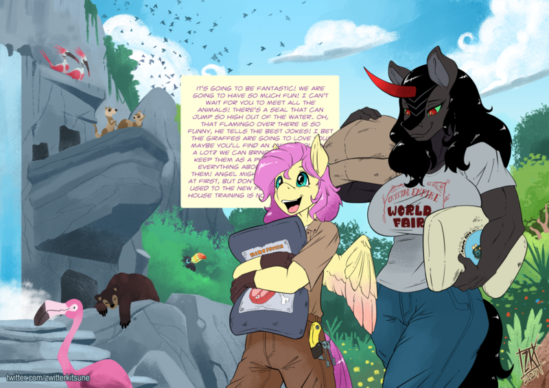 Size: 1199x848 | Tagged: safe, artist:zwitterkitsune, fluttershy, king sombra, anthro, pegasus, umbrum, unicorn, she talks to angel, animal, butterscotch, clothes, colored horn, commission, curved horn, dialogue, female, horn, image, male, muscles, muscular female, png, queen umbra, rule 63, shipping, sombra's horn, sombrashy, straight, sweet feather sanctuary, umbrascotch