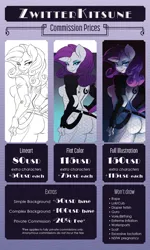 Size: 800x1333 | Tagged: suggestive, artist:zwitterkitsune, rarity, anthro, unicorn, advertisement, clothes, commission info, female, image, png, price list, price sheet, solo, text