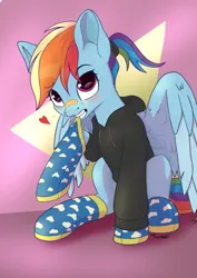 Size: 2480x3508 | Tagged: safe, artist:db, rainbow dash, pegasus, pony, alternate hairstyle, blushing, clothes, female, heart, hoodie, image, jpeg, mare, socks, solo