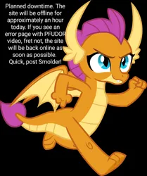 Size: 1280x1531 | Tagged: safe, artist:cloudyglow, derpibooru import, edit, smolder, dragon, derpibooru, black background, deviantart, dragoness, female, fist, image, meta, png, running, simple background, solo, solo female, text edit