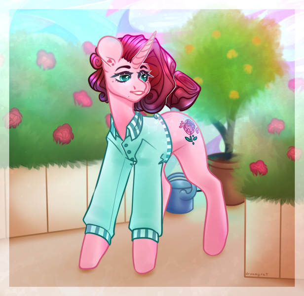 Size: 4000x3894 | Tagged: safe, artist:dreamyrat, derpibooru import, oc, unofficial characters only, pony, unicorn, blue eyes, commission, greenhouse, horn, image, open mouth, open smile, pink hair, png, smiling, solo, unicorn oc