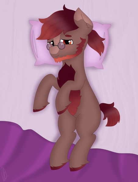 Size: 2640x3497 | Tagged: safe, artist:embermare, artist:emberstoneeqf, derpibooru import, oc, unofficial characters only, earth pony, pony, beard, bed, bedroom eyes, bedsheets, blanket, blushing, chest fluff, commission, facial hair, glasses, image, looking at you, lying down, png, simple background, solo