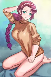 Size: 730x1095 | Tagged: safe, artist:tzc, derpibooru import, sunny starscout, human, barefoot, blushing, breasts, busty sunny starscout, clothes, cute, feet, female, g5, humanized, image, jpeg, kneeling, schrödinger's pantsu, solo, sunnybetes, sweater
