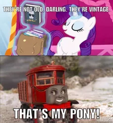 Size: 878x960 | Tagged: safe, derpibooru import, rarity, unicorn, what about discord?, backpack, book, elizabeth the vintage quarry truck, image, jpeg, meme, mirror, that's my pony, that's my x, thomas and friends