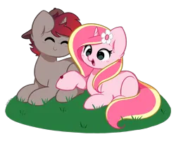 Size: 2676x2180 | Tagged: safe, artist:kittyrosie, derpibooru import, oc, oc:rosa flame, pony, image, oc x oc, open mouth, png, shipping, simple background, transparent background