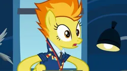 Size: 2145x1204 | Tagged: safe, derpibooru import, screencap, spitfire, pegasus, pony, wonderbolts academy, clothes, desk, drill sergeant, female, image, jpeg, necktie, office, shocked, suit, surprised, uniform, wonderbolts dress uniform