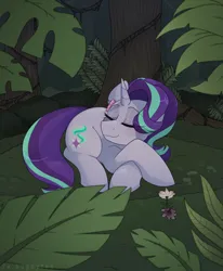 Size: 1472x1789 | Tagged: safe, artist:2k.bugbytes, derpibooru import, starlight glimmer, pony, unicorn, bush, eyes closed, female, flower, flower in hair, forest, grass, image, jungle, lying down, mare, moss, outdoors, plant, png, prone, sleeping, solo, tree, vine