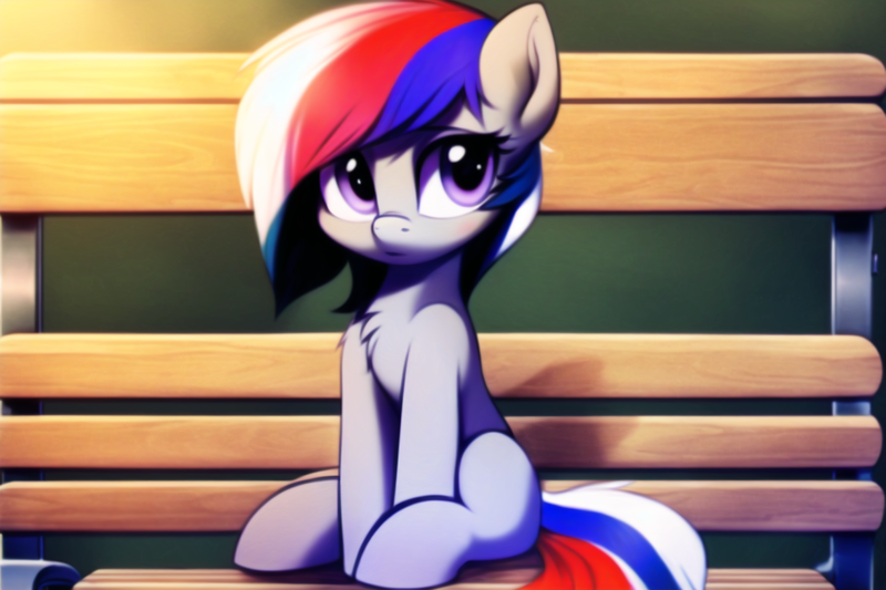 Size: 1536x1024 | Tagged: safe, derpibooru import, editor:flitter4935, machine learning generated, novelai, stable diffusion, oc, oc:yuupi, earth pony, bench, cute, earth pony oc, female, image, looking at you, png, sitting, solo, solo female