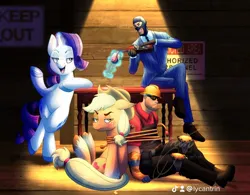 Size: 1382x1080 | Tagged: safe, artist:lycantrin, derpibooru import, applejack, rarity, earth pony, human, pony, unicorn, alcohol, blushing, colored hooves, crossover, dim light, dramatic lighting, engineer, image, jpeg, magic, signs, spy, standing, standing on two hooves, team fortress 2, telekinesis, tied up, unshorn fetlocks, wine