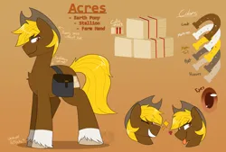 Size: 3000x2030 | Tagged: safe, artist:2k.bugbytes, ponybooru import, oc, oc:acres, unofficial characters only, earth pony, pony, bag, chest fluff, cowboy hat, floating heart, grin, hat, heart, image, male, png, reference sheet, saddle bag, smiling, solo, sparkles, stallion, stetson, text, tongue out, unshorn fetlocks
