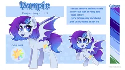 Size: 3000x1680 | Tagged: safe, artist:madelinne, derpibooru import, oc, oc:vampie, unofficial characters only, undead, vampire, vampony, bat wings, chibi, fangs, flower, flower in hair, image, png, reference sheet, solo, wings