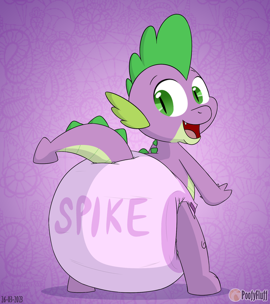 Size: 1600x1800 | Tagged: questionable, artist:the-bluepup, derpibooru import, spike, dragon, butt, diaper, image, looking back, open mouth, open smile, png, poofy diaper, rear view, smiling, solo