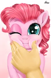 Size: 1800x2740 | Tagged: safe, artist:skikey, derpibooru import, pinkie pie, earth pony, human, pony, :3, cheek squish, cute, diapinkes, eye reflection, eyelashes, female, first person view, gradient background, hand, high res, image, looking at you, mare, offscreen character, offscreen human, one eye closed, png, ponk, pov, reflection, signature, smiling, smiling at you, squeezing, squishy cheeks