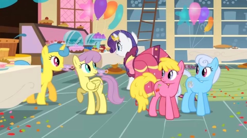 Size: 2160x1206 | Tagged: safe, derpibooru import, screencap, lemon hearts, parasol, rarity, earth pony, pegasus, pony, unicorn, a bird in the hoof, background pony, balloon, cake, clothes, cup, dress, food, gala dress, image, jpeg, pie, sugarcube corner, table, teacup