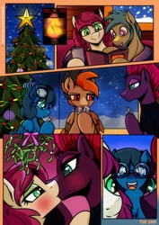 Size: 2480x3508 | Tagged: safe, artist:dsana, derpibooru import, fizzlepop berrytwist, tempest shadow, oc, oc:fireweed, oc:lullaby dusk, oc:rust wing, oc:thistledown, earth pony, pegasus, pony, unicorn, comic:a storm's lullaby, female, filly, foal, hearth's warming eve, image, kissing, male, mare, png, poker, stallion