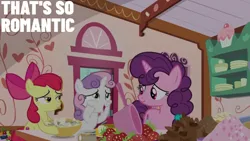 Size: 2000x1125 | Tagged: safe, derpibooru import, edit, edited screencap, editor:quoterific, screencap, apple bloom, sweetie belle, the big mac question, food, image, png, pot, strawberry