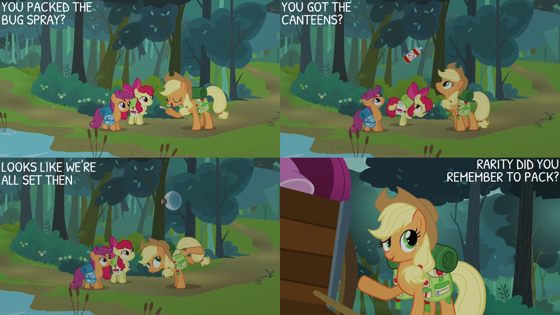 Size: 2000x1125 | Tagged: safe, derpibooru import, edit, edited screencap, editor:quoterific, screencap, apple bloom, applejack, scootaloo, pony, sleepless in ponyville, backpack, bag, bug spray, cart, female, filly, forest, image, png, saddle bag, tree