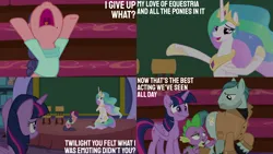 Size: 2000x1125 | Tagged: safe, derpibooru import, edit, edited screencap, editor:quoterific, screencap, on stage, princess celestia, raspberry beret, spike, twilight sparkle, horse play, image, png