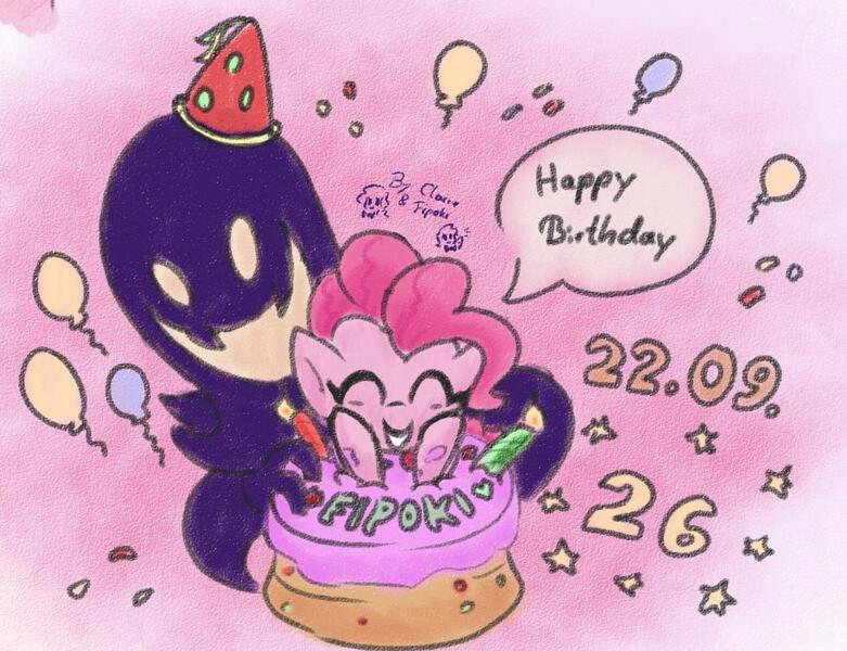 Size: 1128x867 | Tagged: safe, artist:fipoki, derpibooru import, pinkie pie, earth pony, pony, balloon, birthday, cake, eyes closed, female, food, happy birthday, image, jpeg, mare, signature, smiling, snatcher