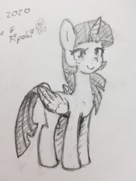 Size: 1357x1809 | Tagged: safe, artist:fipoki, derpibooru import, twilight sparkle, twilight sparkle (alicorn), alicorn, pony, female, folded wings, grayscale, horn, image, jpeg, mare, monochrome, signature, simple background, smiling, solo, traditional art, white background, wings