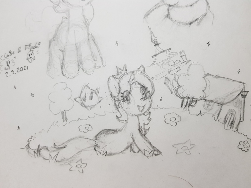 Size: 1879x1409 | Tagged: safe, artist:fipoki, derpibooru import, ponified, pony, unicorn, female, grayscale, house, image, jpeg, luma, mare, monochrome, rosalina, super mario bros., traditional art