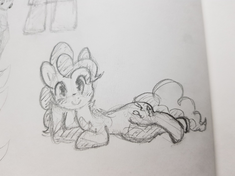 Size: 1896x1422 | Tagged: safe, artist:fipoki, derpibooru import, pinkie pie, earth pony, pony, female, grayscale, image, jpeg, looking at you, lying down, mare, monochrome, side, simple background, smiling, solo, traditional art, white background