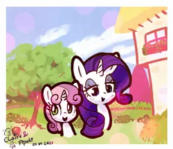 Size: 2021x1740 | Tagged: safe, artist:fipoki, derpibooru import, rarity, sweetie belle, pony, unicorn, female, filly, foal, horn, house, image, jpeg, mare, open mouth, open smile, siblings, signature, sisters, smiling, traditional art, tree