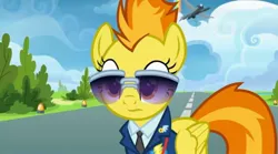 Size: 2160x1205 | Tagged: safe, derpibooru import, screencap, spitfire, pegasus, pony, top bolt, clothes, female, image, jpeg, necktie, suit, sunglasses, uniform, wonderbolts dress uniform