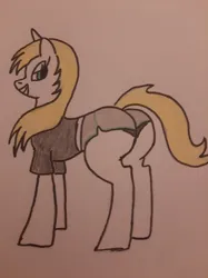 Size: 2960x3952 | Tagged: suggestive, artist:donkeythe1, derpibooru import, oc, unofficial characters only, pony, butt, clothes, female, grin, image, jpeg, looking back, mare, plot, presenting, smiling, solo, solo female, traditional art