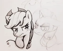 Size: 2048x1668 | Tagged: safe, artist:fipoki, derpibooru import, rarity, earth pony, pony, unicorn, applejack's hat, cowboy hat, female, grayscale, hat, horn, image, jpeg, mare, monochrome, simple background, traditional art, white background