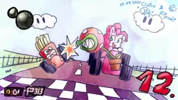 Size: 1920x1080 | Tagged: safe, artist:fipoki, derpibooru import, pinkie pie, earth pony, pony, cloud, female, food, french fries, image, jpeg, mare, mario kart, piranha plant